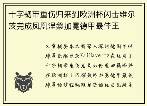 十字韧带重伤归来到欧洲杯闪击维尔茨完成凤凰涅槃加冕德甲最佳王