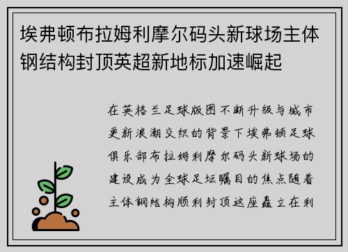 埃弗顿布拉姆利摩尔码头新球场主体钢结构封顶英超新地标加速崛起